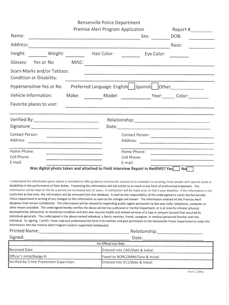 Fillable Online bensenville il Bensenville Police Department DOB Fax
