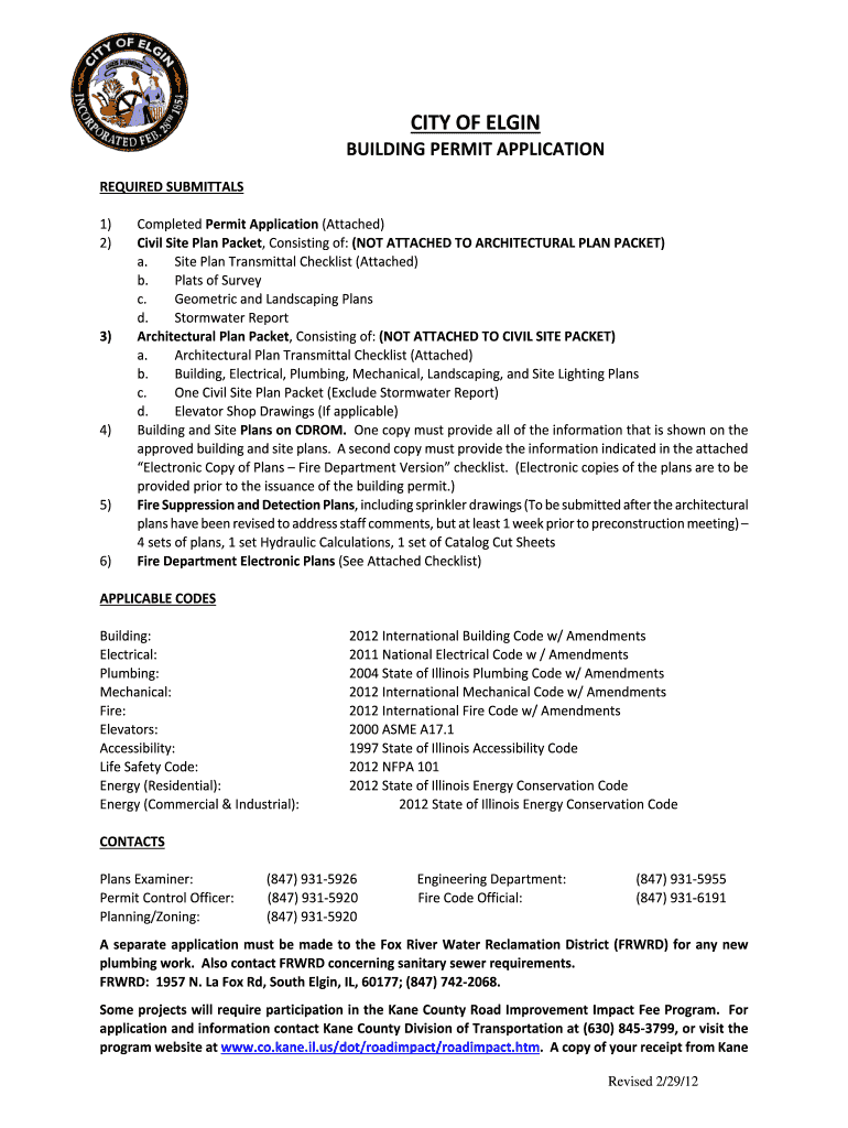 Fillable Online cityofelgin BUILDING PERMIT APPLICATION Elgin