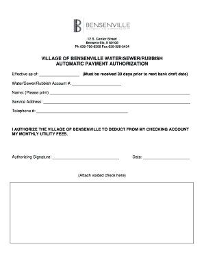 Village of Bensenville Water Sewer Rubbish Automatic Payment Authorization