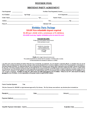 Westside Pool Birthday Party Agreement
