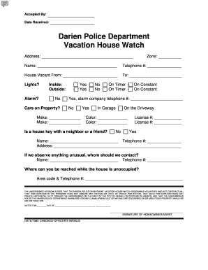 Darien Police Vacation House Watch Form