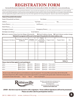 Romeoville Recreation Department Registration Form