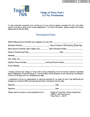Village of Tinley Park E-Z Pay Termination Form