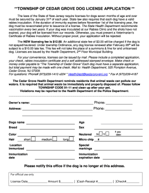 Cedar Grove Dog License Application