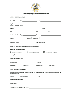 Bonita Springs Recreation Program Registration Form