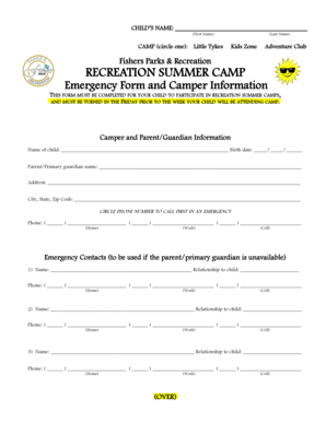 Fishers Parks Recreation Summer Camp Emergency Form