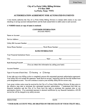 City of La Porte Utility Billing Authorization Agreement