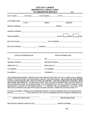 City of La Porte Residential Water Sewer Service Application
