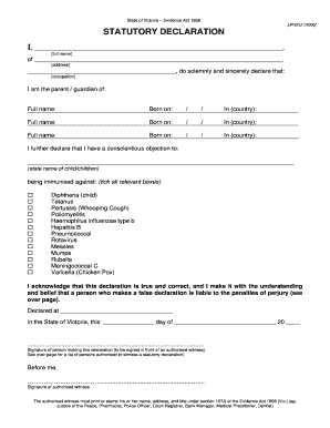 Victoria Statutory Declaration for Immunization Exemption