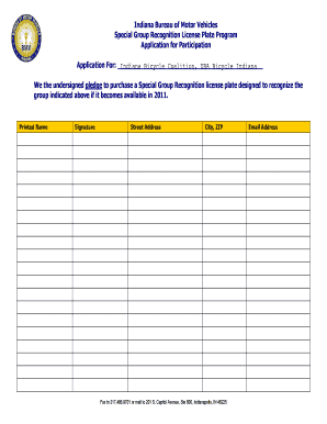 Indiana Special Group Recognition License Plate Application