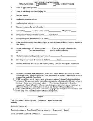Fillable Online TOWN OF LAKE PLACID FLORIDA APPLICATION FOR PEDDLERS ...