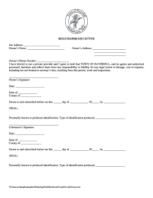 Hold Harmless Letter for Private Provider