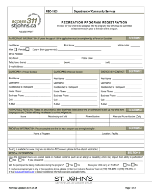 Recreation Program Registration Form