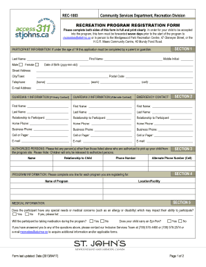 Recreation Program Registration Form