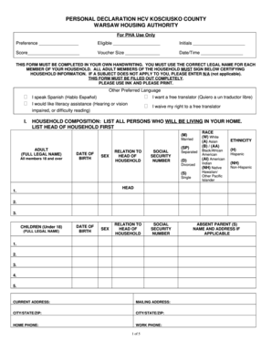 Personal Declaration Form for Housing Assistance