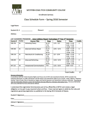 Western Iowa Tech Class Schedule Form