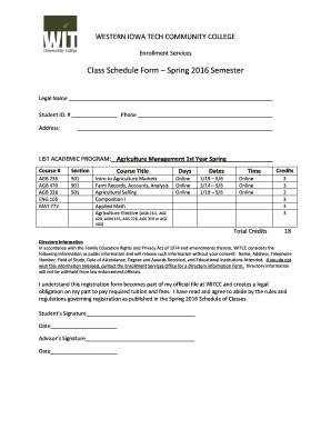 Western Iowa Tech Community College Class Schedule Form
