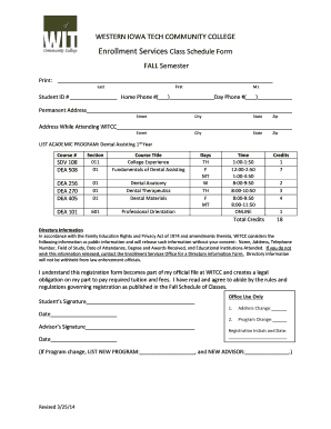 Western Iowa Tech Community College Class Schedule Form