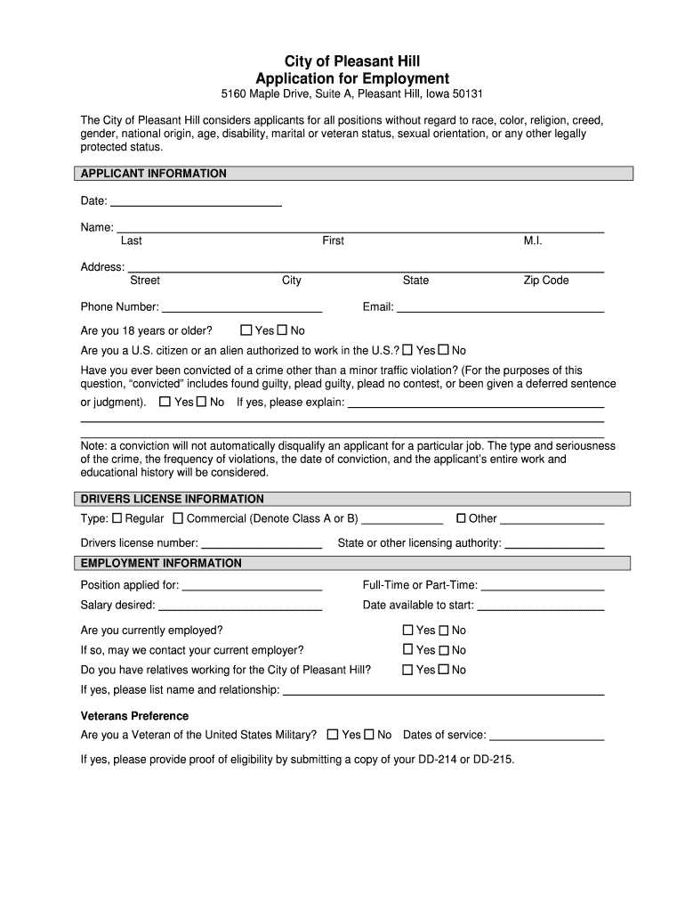 Fillable Online ci pleasanthill ia City of Pleasant Hill Application