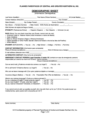 Planned Parenthood Demographic Sheet
