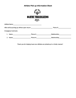 Athlete Pick Up Information Sheet
