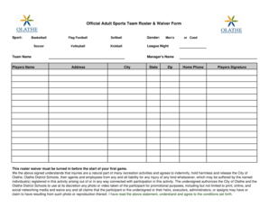 Adult Sports Team Roster and Waiver Form