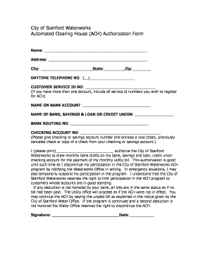 City of Stanford Waterworks ACH Authorization Form