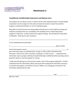 YouthWorks Confidentiality Statement and Release Form