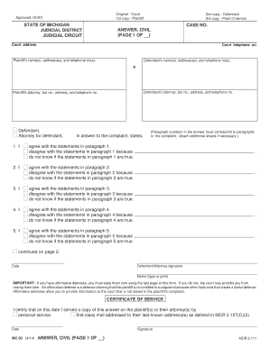 Michigan Civil Answer Form