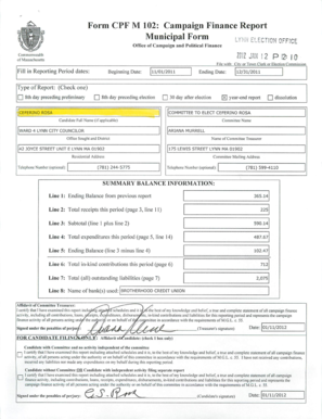 Massachusetts Campaign Finance Report Form CPF M 102