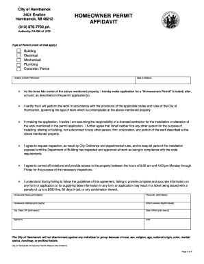 City of Hamtramck Homeowner Permit Affidavit