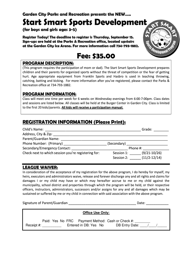 Start Smart Sports Development Registration Form - gardencitymi Preview on Page 1