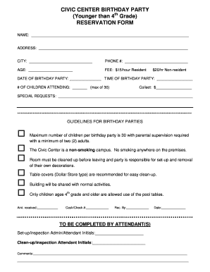 Civic Center Birthday Party Reservation Form