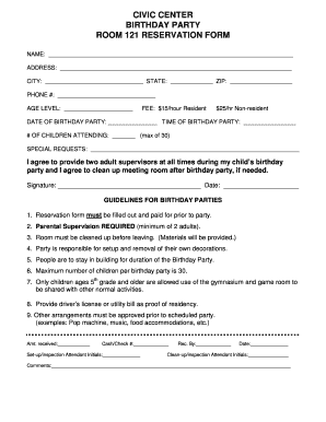 Birthday Party Room Reservation Form