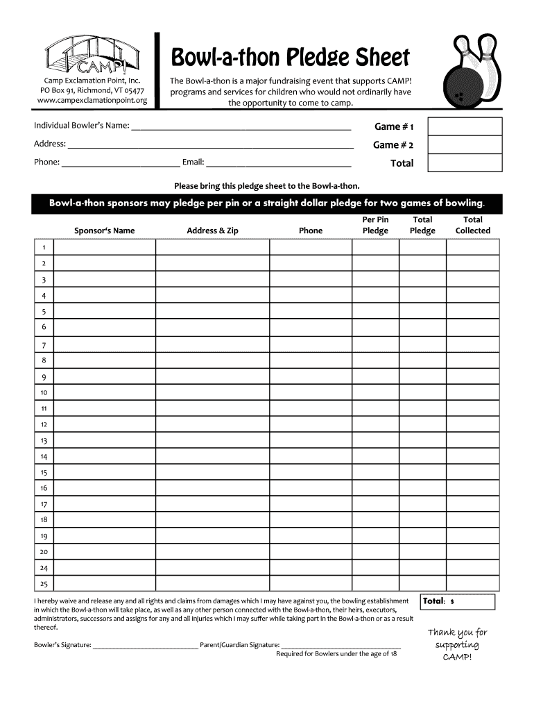 bowl a thon pledge sheet Preview on Page 1