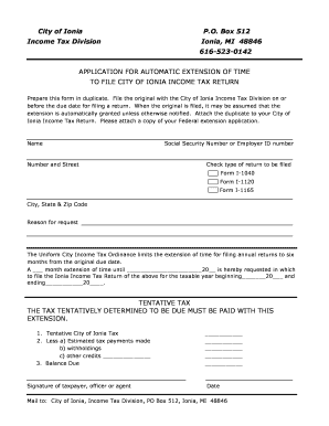 City of Ionia Income Tax Return Extension Application