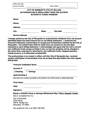 City of Marquette Utility Billing AutoPay Authorization Form