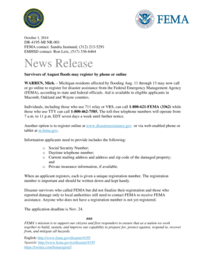 Phone number for fema disaster - FEMA news release NR 001 Survivors of August floods may register by phone or onlinedocx - madison-heights