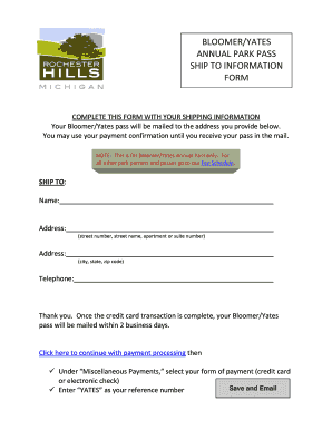 Bloomer/Yates Annual Park Pass Shipping Form
