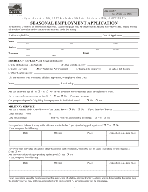City of Rochester Hills Seasonal Employment Application