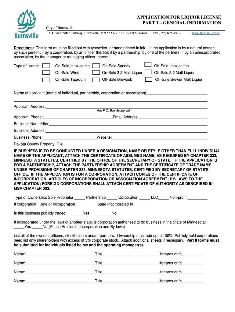 Fillable Online ci burnsville mn APPLICATION FOR LIQUOR LICENSE PART 1