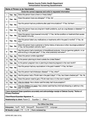 Dakota County Immunization Screening Questionnaire