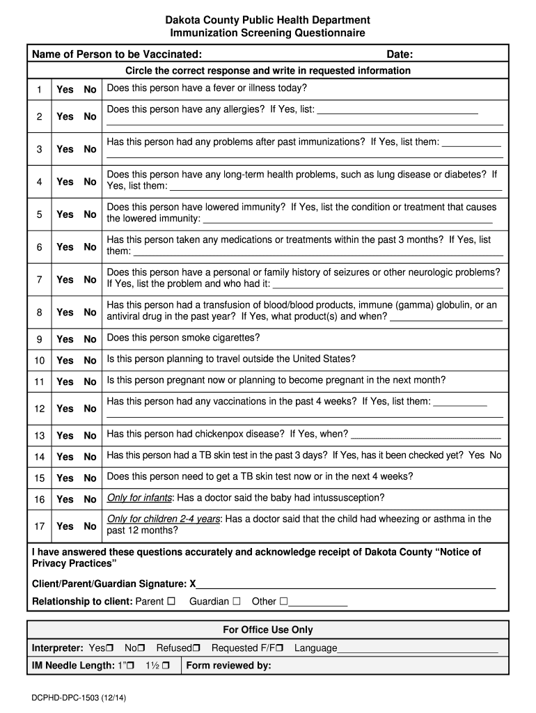 Fillable Online co dakota mn Immunization Screening Questionnaire co
