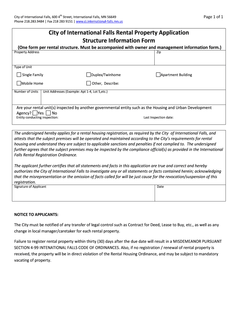 Fillable Online ci internationalfalls mn Rental Property Application