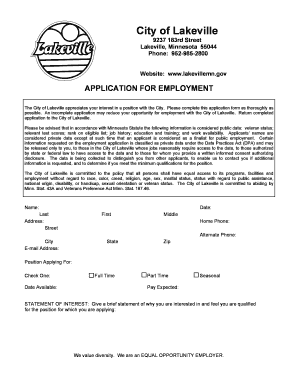 City of Lakeville Employment Application