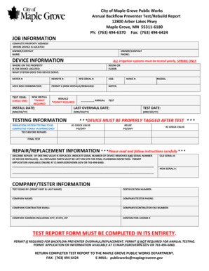 Annual Backflow Preventer Test Report