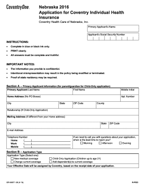 Nebraska Individual Health Insurance Application