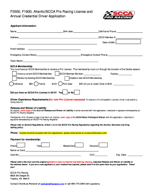 SCCA Pro Racing License and Annual Credential Driver Application