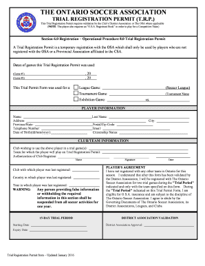 Ontario Soccer Association Trial Registration Permit