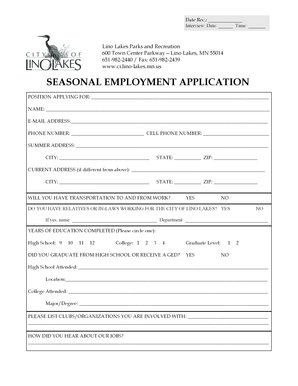 SEASONAL EMPLOYMENT APPLICATION - Lino Lakes Minnesota